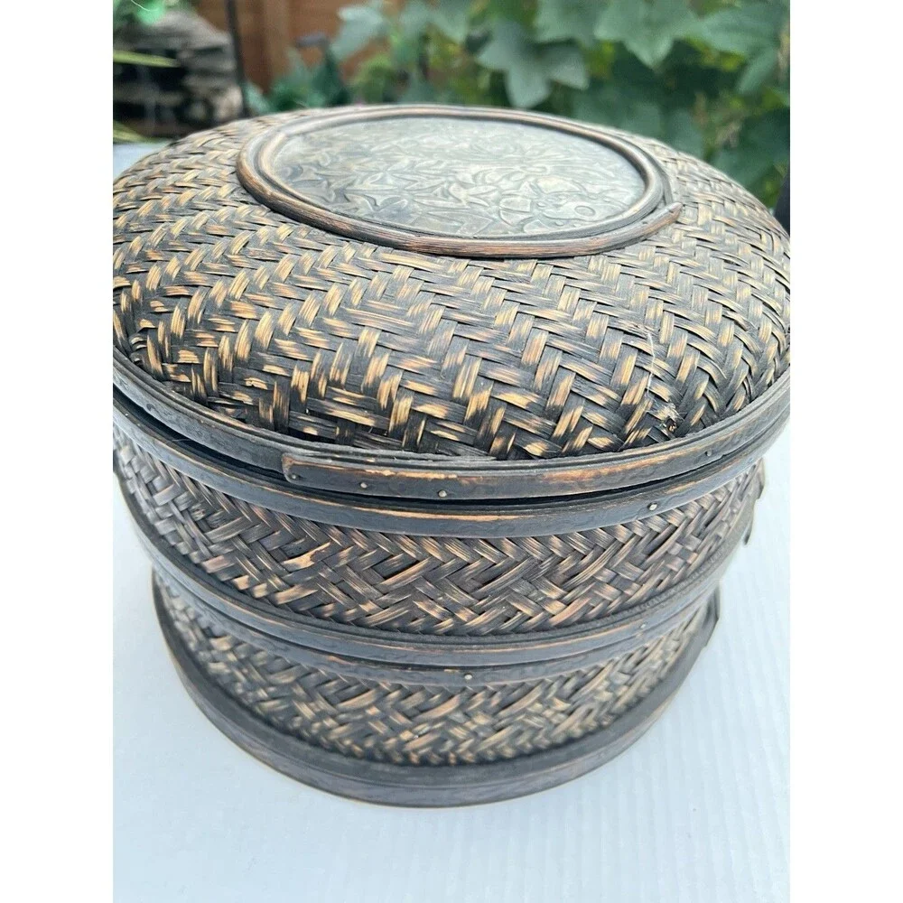 1900 Chinese 2-Tier Woven Bamboo Wedding Basket Metal Floral Medallion
